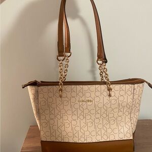 Calvin Klein CK Monogram Print Travel Tote Shoulder Bag Purse Brown Leather